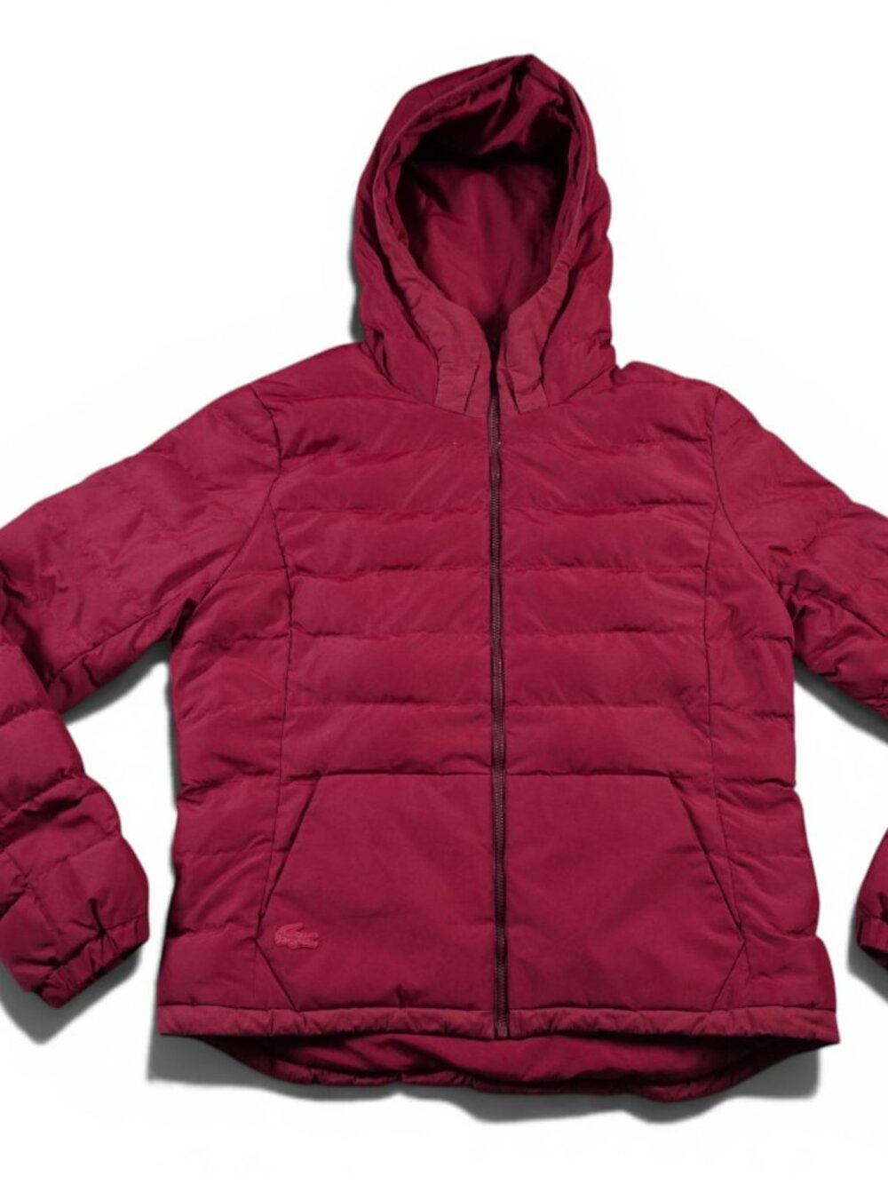 Lacoste Womens Hooded Quilted Puffer Jacket Size 40 Medium Burgundy Full Zip